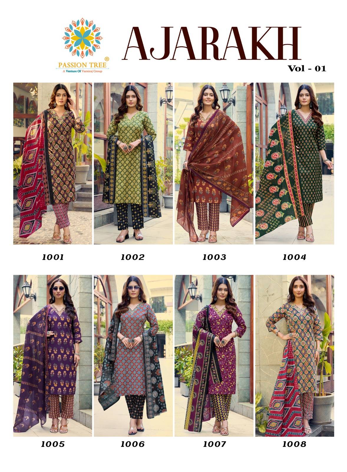  AJARAKH VOL-1 By PASSION TREE 1001 To 1008 Series Beautiful Festive Suits Colourful Stylish Heavy Heavy Cotton readymade dresses At Wholesale Price